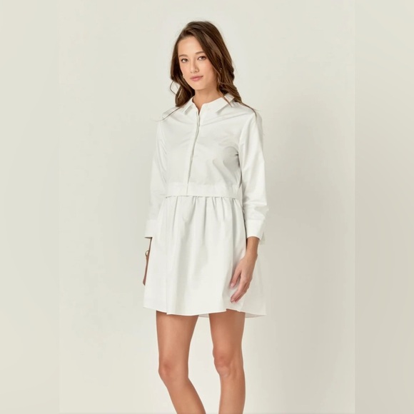 English Factory White Pleated Mini Dress with Cuffed Sleeves - Picture 1 of 8